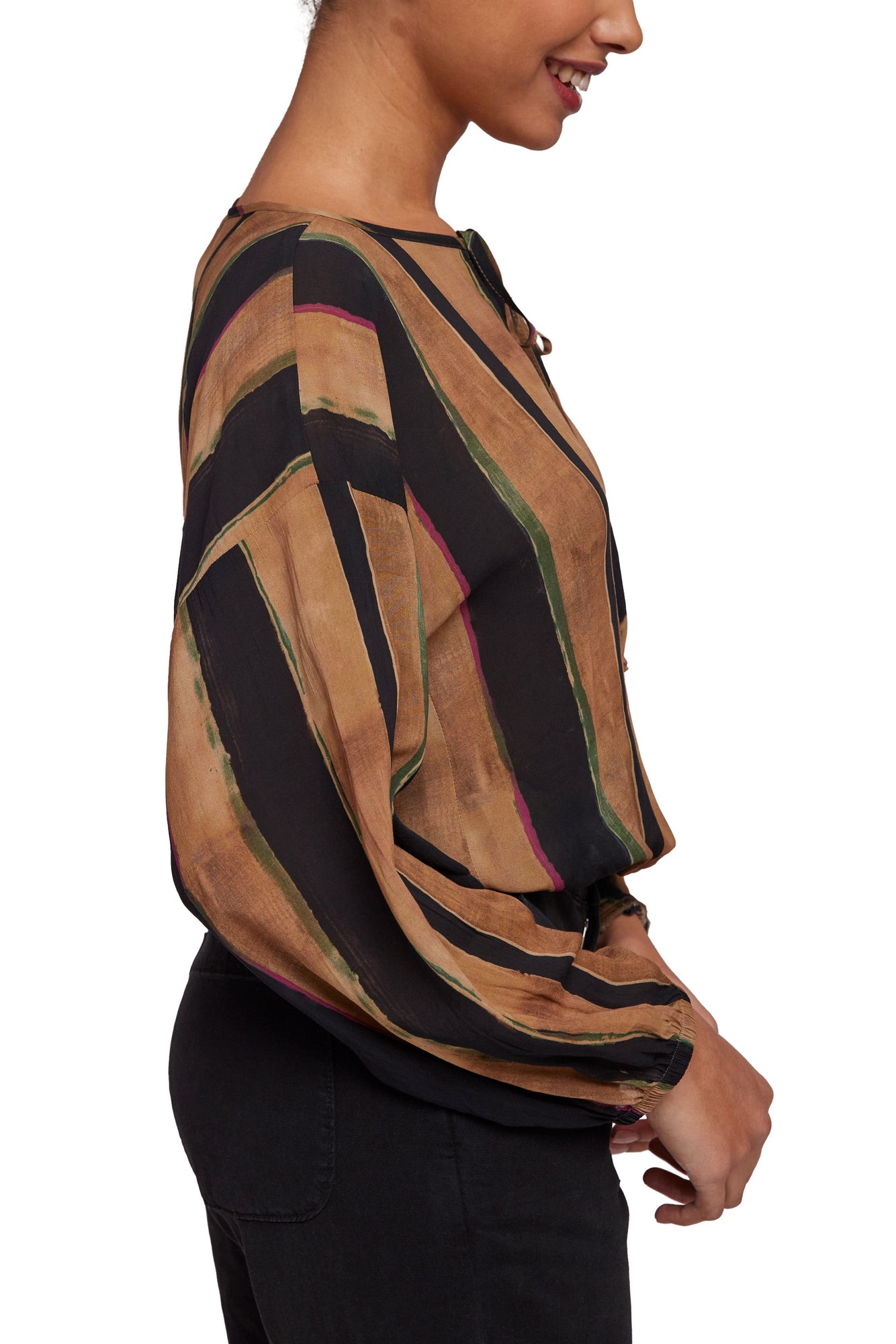 Tie Up Pullover Top - Golden Stripes Print