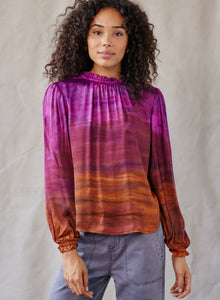 Tie-Dye Long Sleeve Ruffle Neck Top - Brandy Horizon Dye