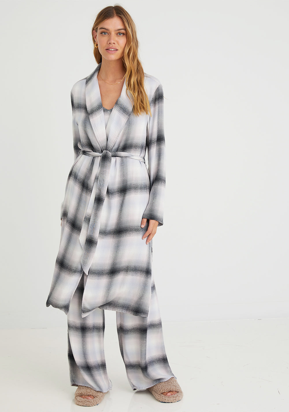 Long Sleeve Shawl Collar Robe - Lilac Ombre Plaid*** Product Type