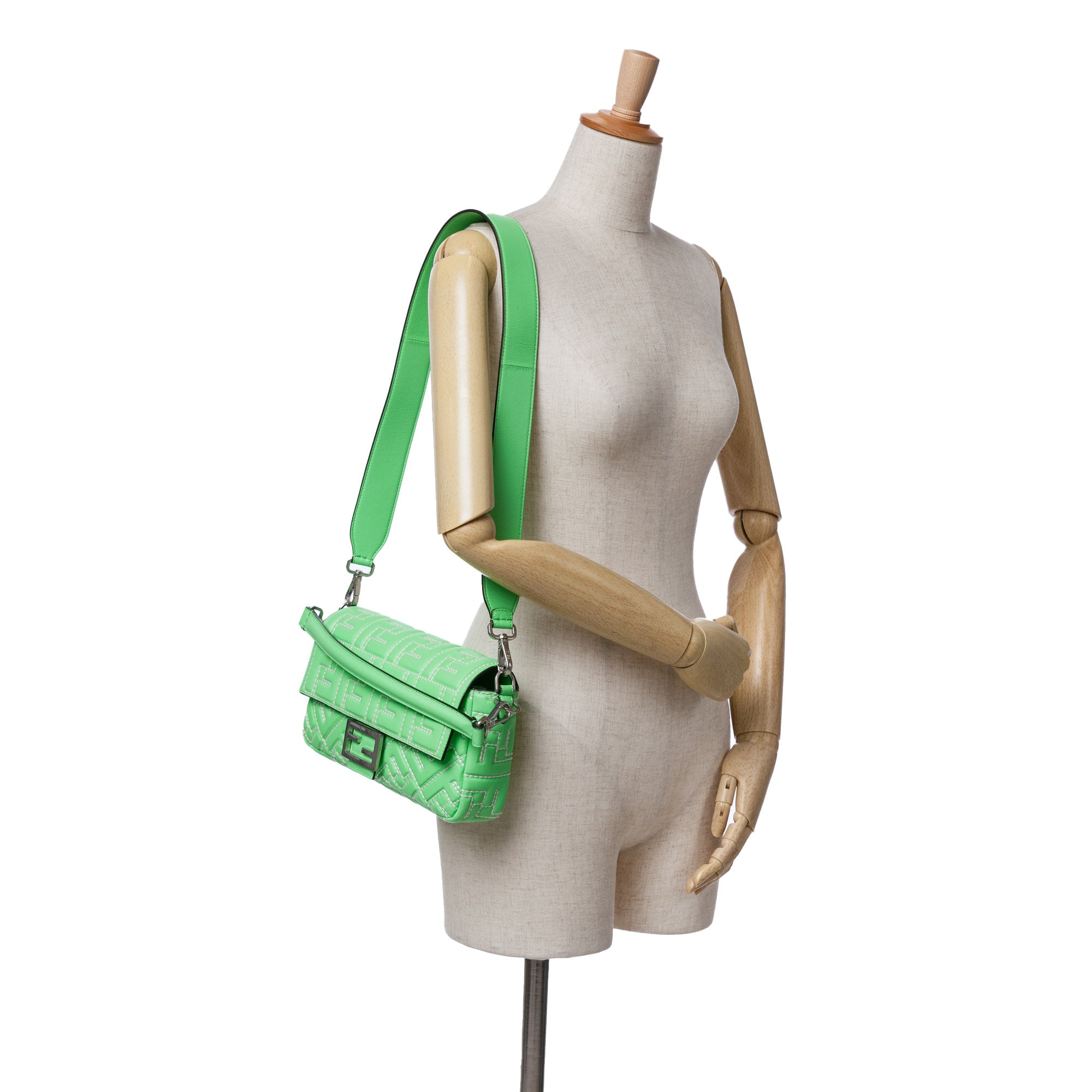 Fendi | Pre-Owned Zucca Embossed Stitched Leather Baguette Satchel - I | Green/Light Green