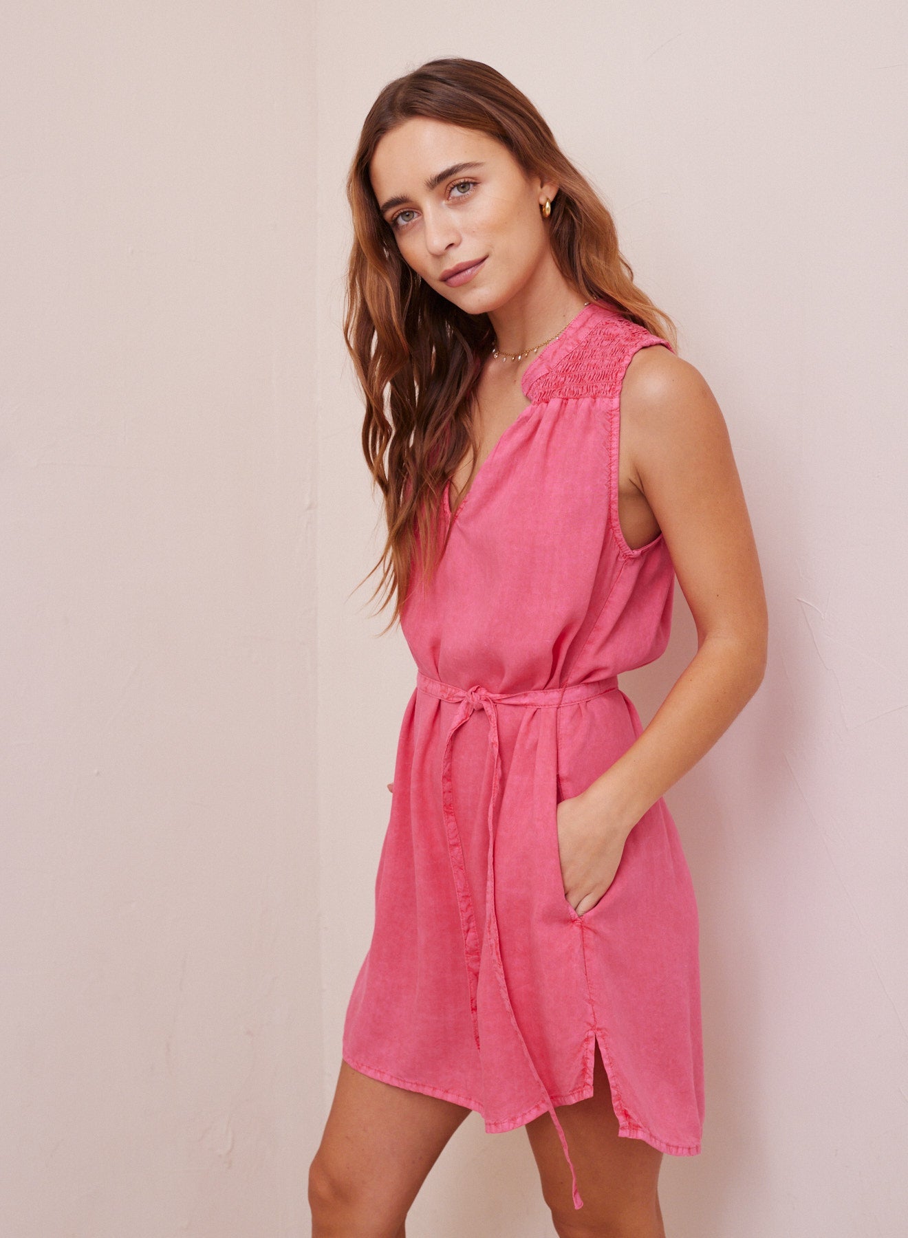 Belted Smocked Yoke Mini Dress | Havana Pink