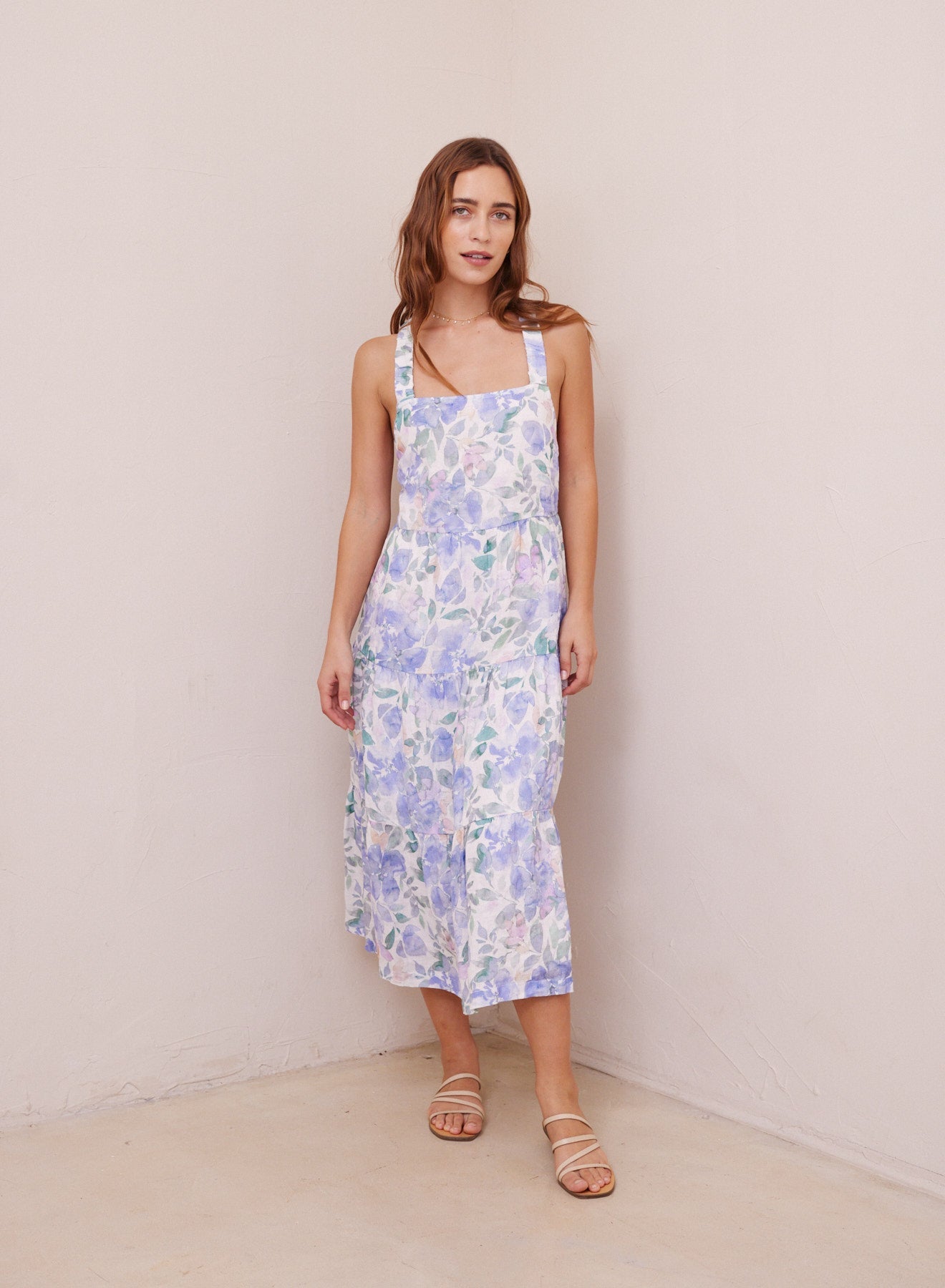 Scrunch Strap Tiered Midi Dress | Peri Jardin Print