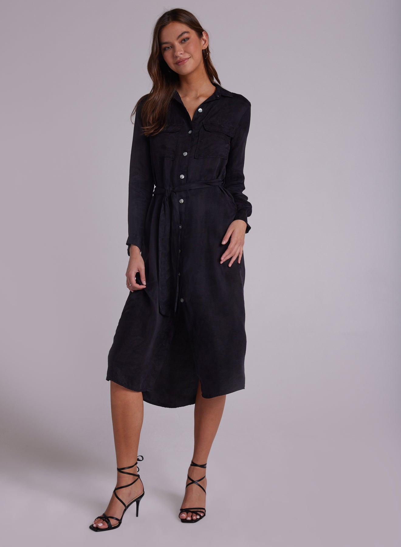 Patch Pocket Midi Shirt Dress - Black