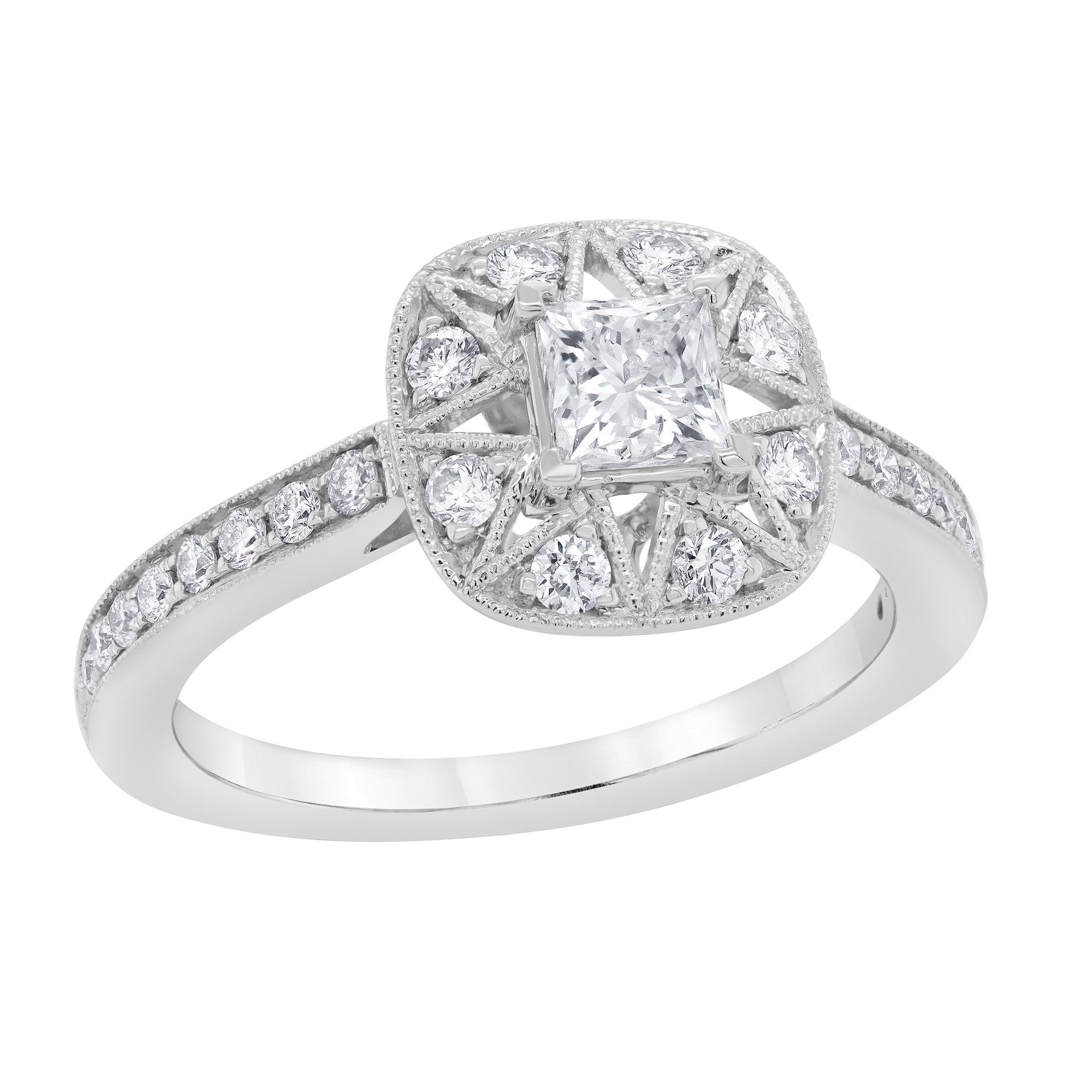 0.90 CT Princess/Round Natural Diamond | Engagement Ring | 18K White Gold | I Color | I1 Clarity