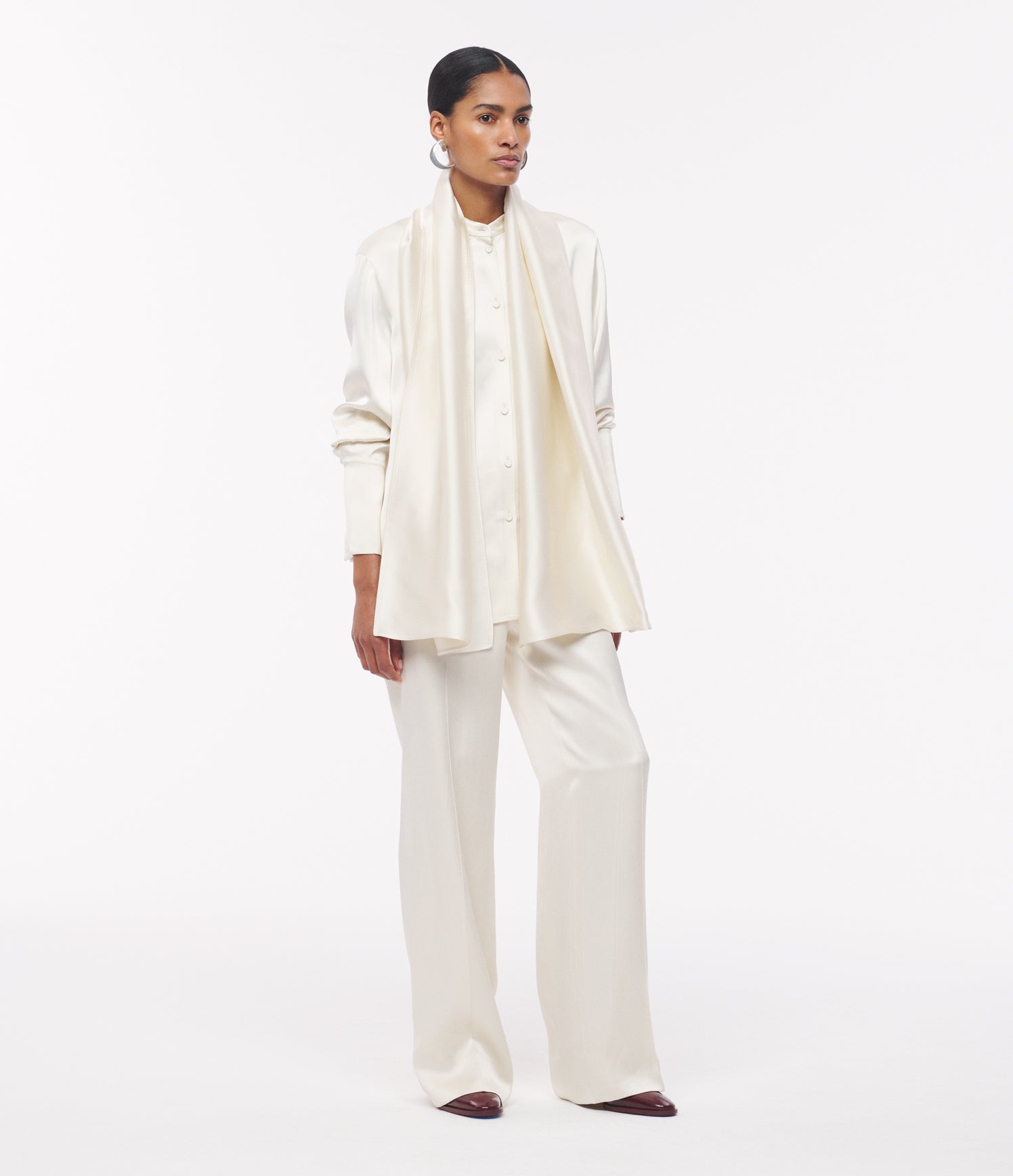 Another Tomorrow Band Collar Blouse With Scarf in Cream – Satin Women's Top