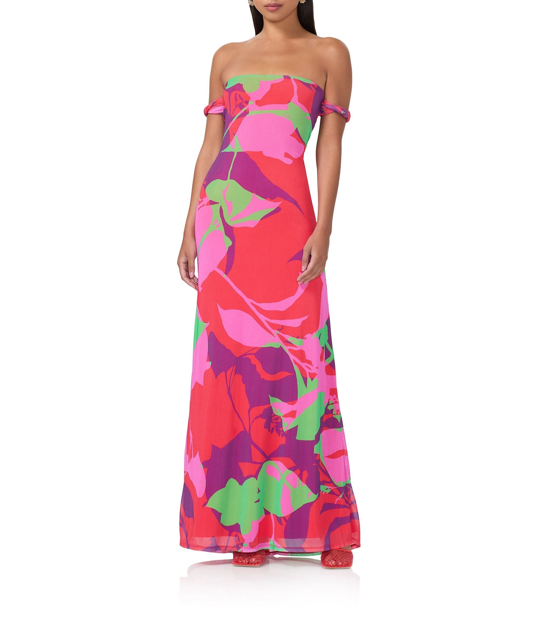 women's off the shoulder maxi dress in graphic floral print