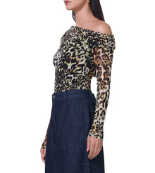 women's long sleeve top with draped neckline in animal print