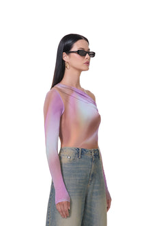 women's long sleeve top with draped neckline in lilac watercolor print