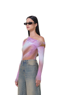 women's long sleeve top with draped neckline in lilac watercolor print