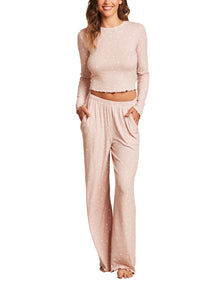 Womens | Ultra Soft Rib Lettuce Hem Wide Leg Pant | Dusty Rose/Pearl