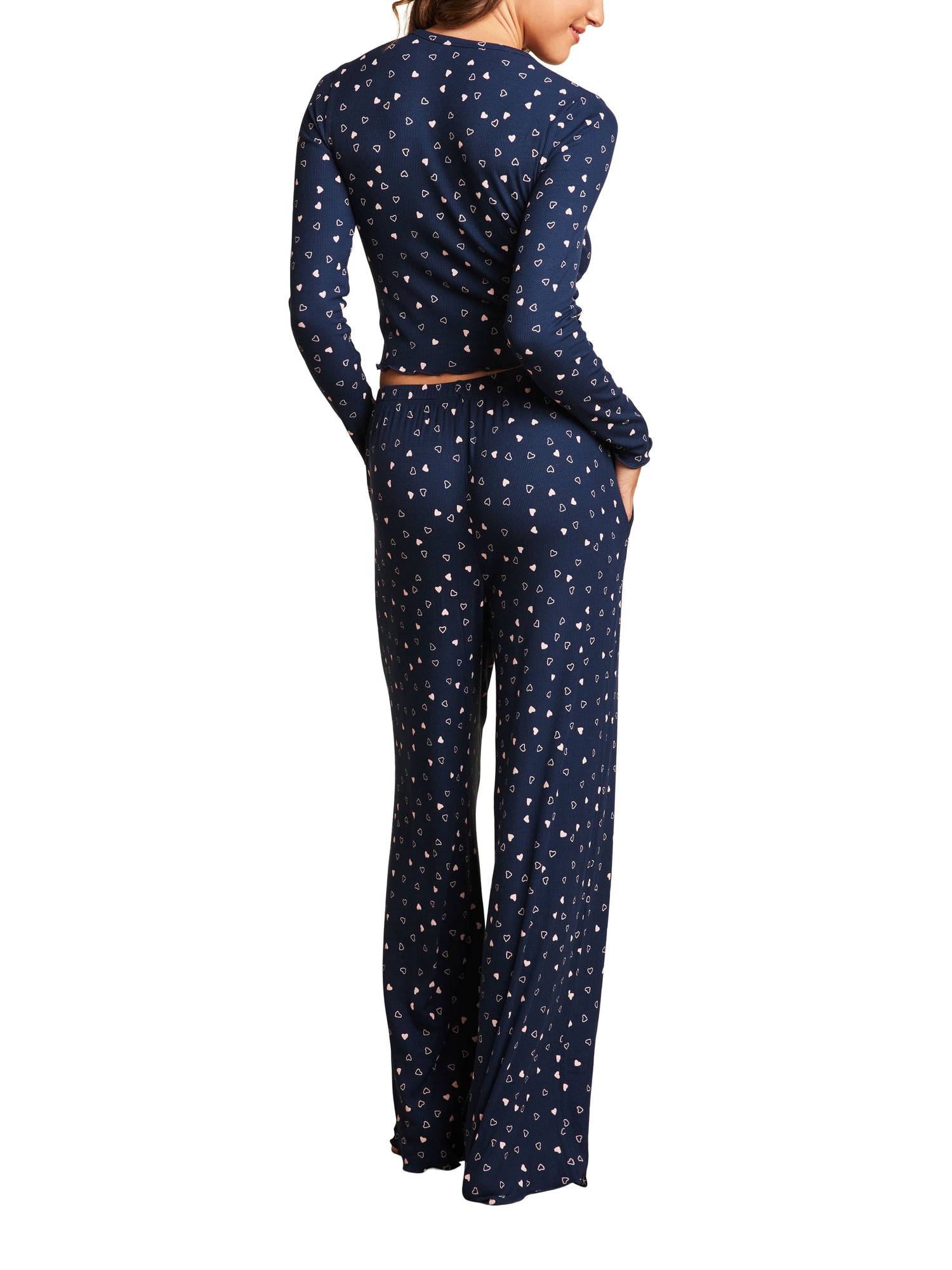 Womens | Ultra Soft Rib Lettuce Hem Wide Leg Pant | Marine/Pink Peonie