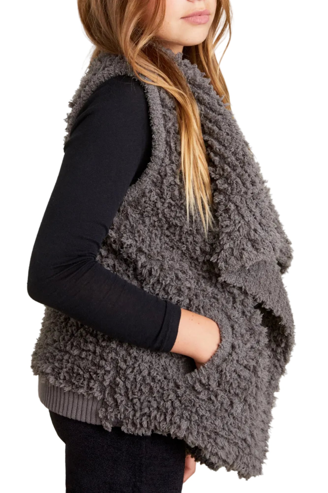 Youth | CozyChic Loop Fringe Cascading Vest | Smokey Gray