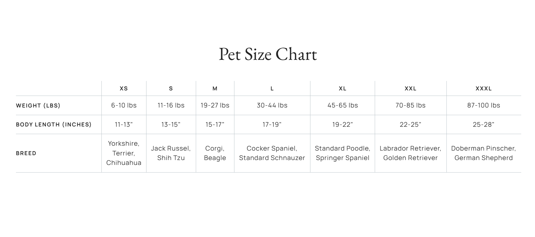 Product size guide