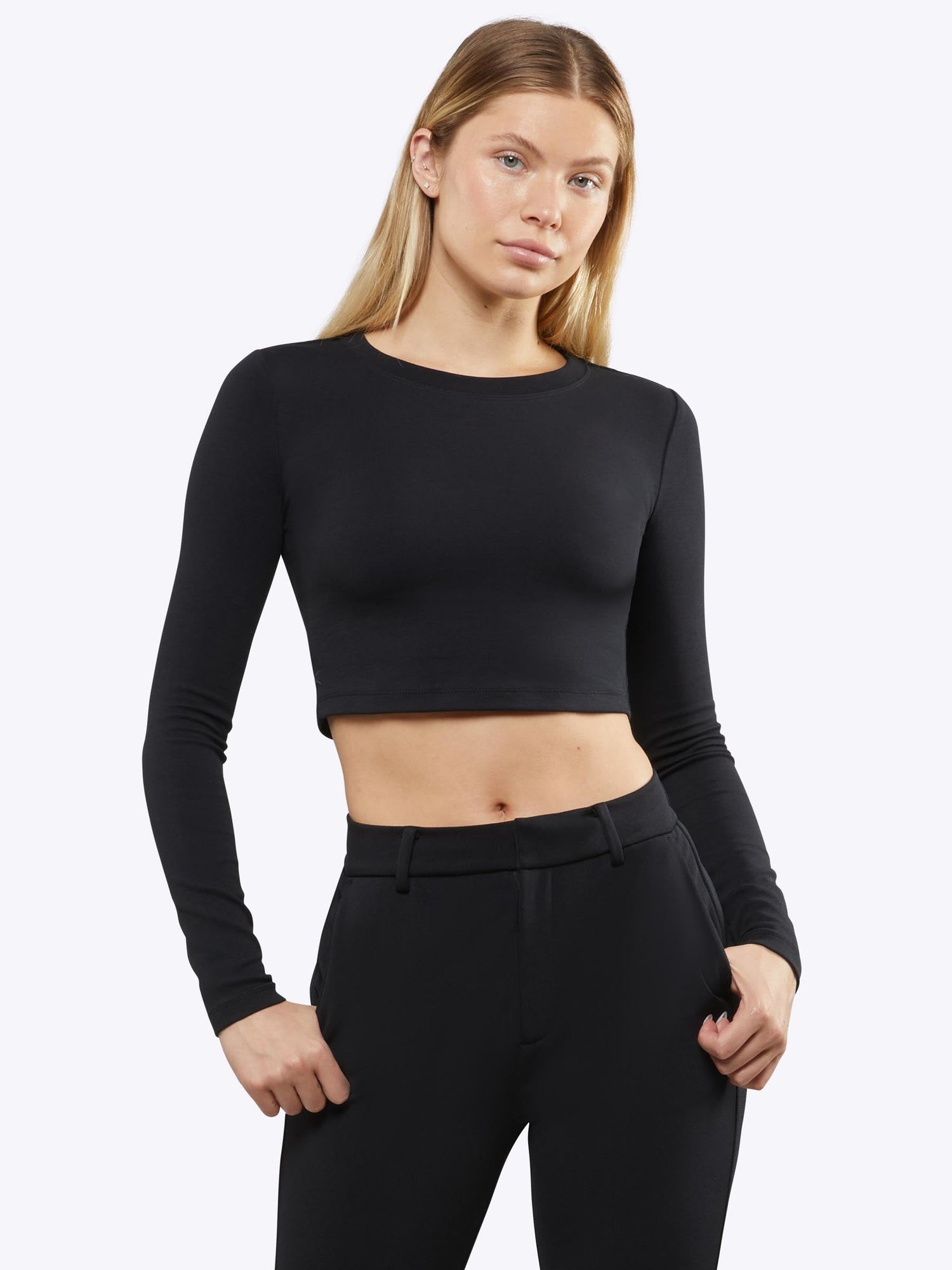 Womens | Long Sleeve Slim-Fit Tomboy-Cotton Cropped Tee | Black