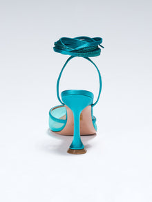 Dani Lace up on Model. TEAL SATIN LACE-UP WITH CRYSTAL EMBELLISHMENT Hand-crafted in Italy, the Dani (