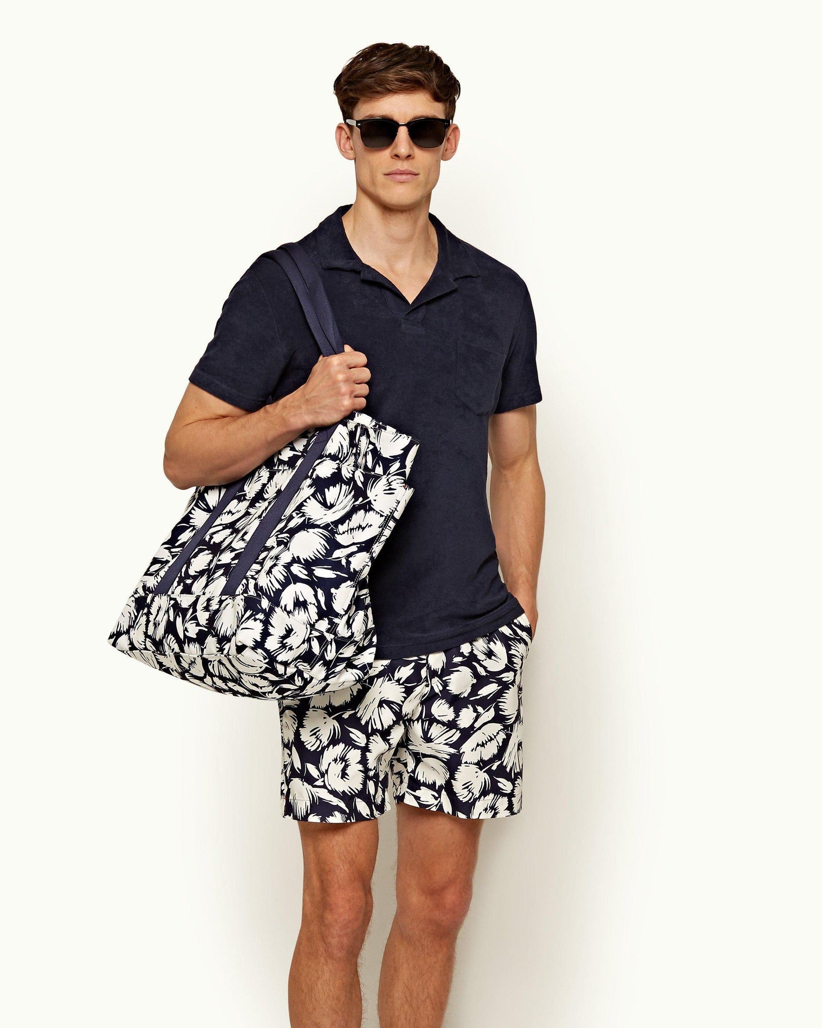 Bulldog Navy/White Sand Mid-Length Floral Swim Shorts | Navy/White Sand