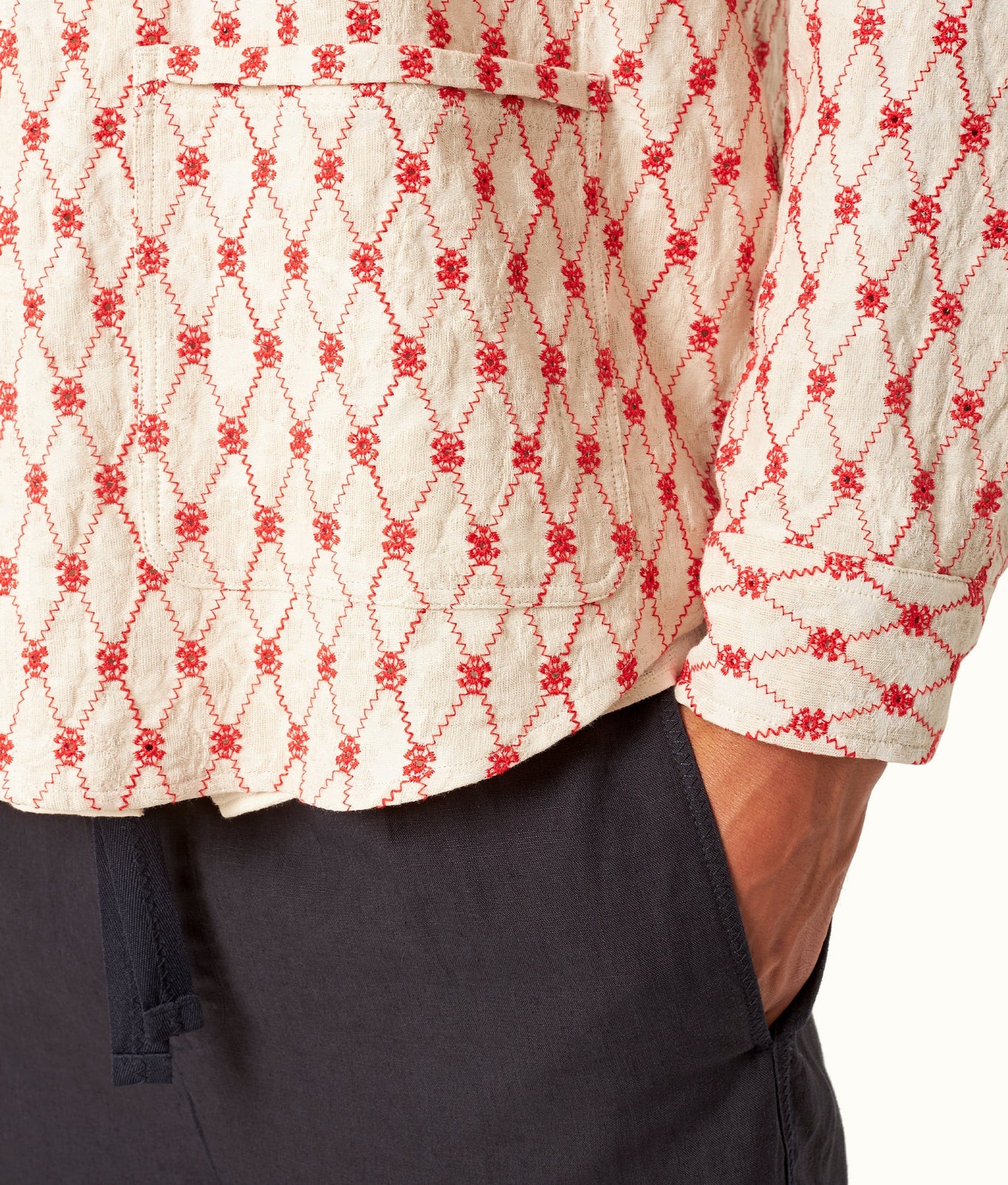 Barkley Cutaway Collar Lattice Embroidery Jacquard Resort Overshirt | Summer Red/White Sand