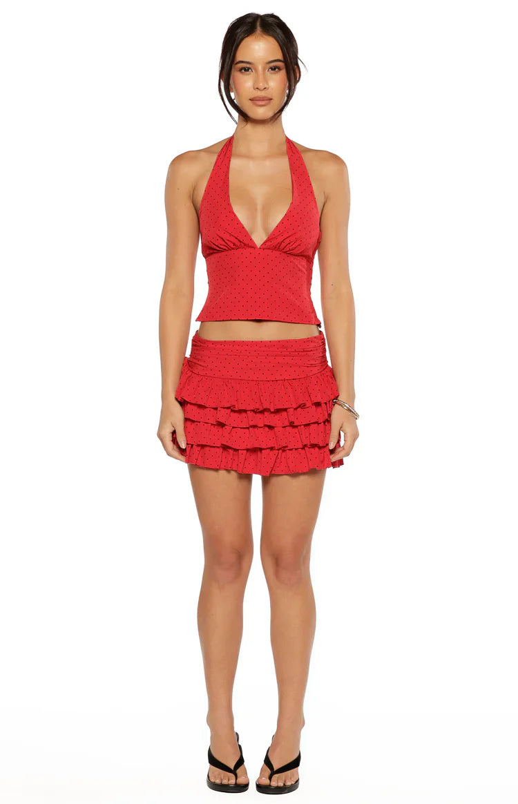 Beau Chiffon Polka Dot Mini Skirt | Red