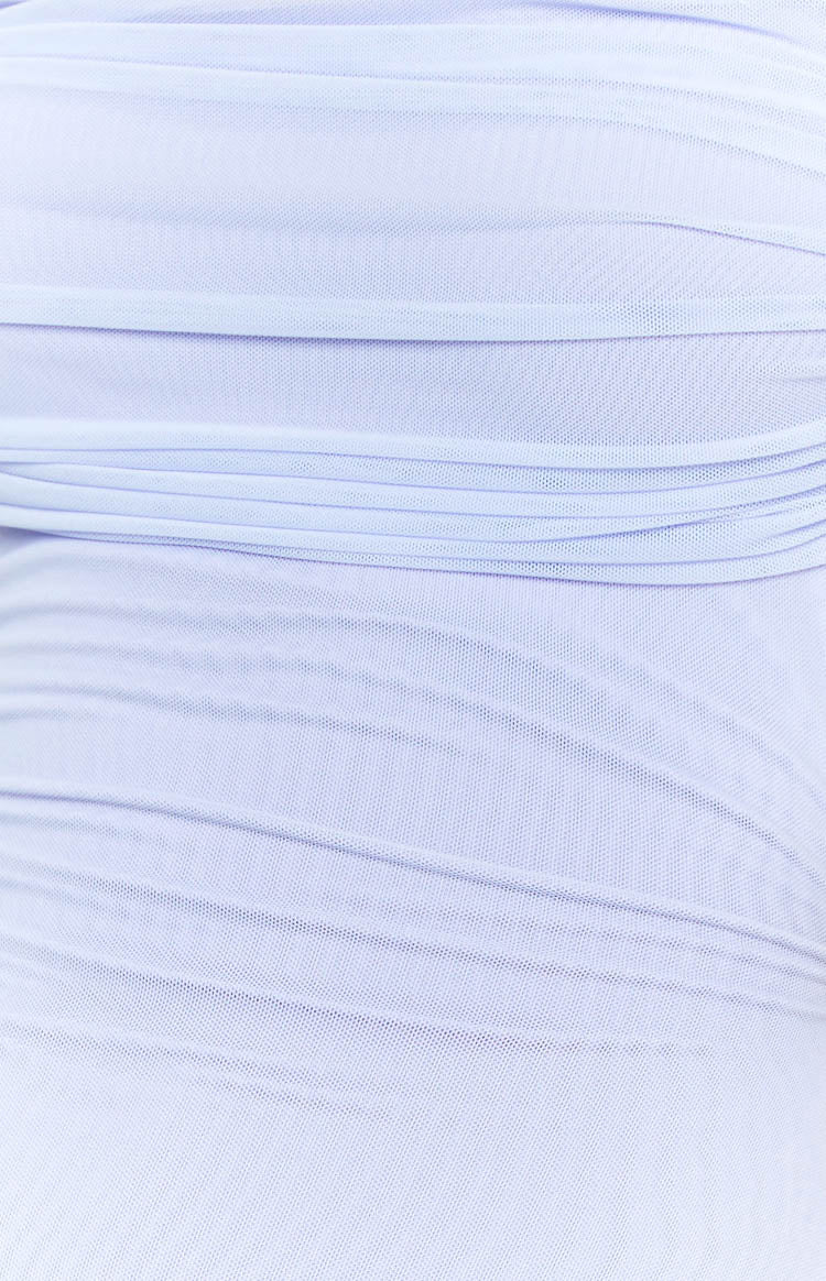 Close-up of the lilac mesh fabric showing ruched detail