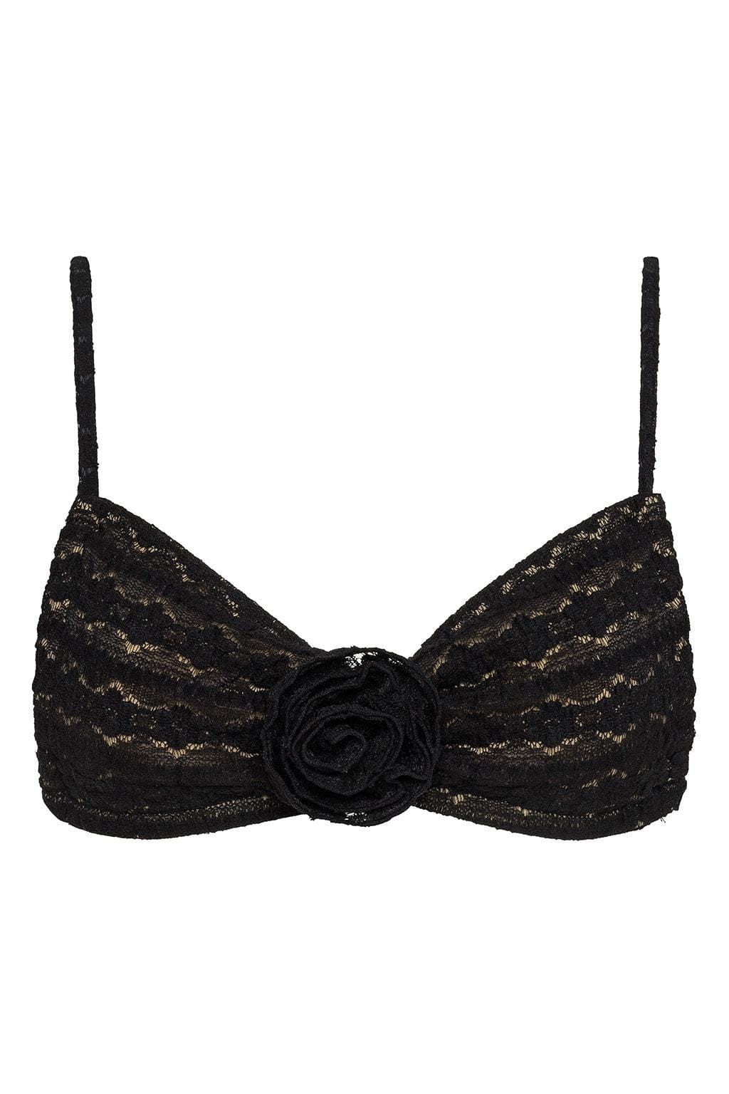 Black lace bikini top with daisy pattern, rosette center detail, and thin shoulder straps.