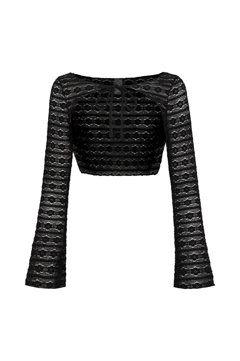 Black lace cropped top with daisy pattern and long flared sleeves.