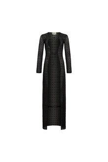 Black lace kimono with daisy pattern, long sleeves, and floor-length open front design.