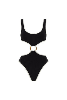 Black one-piece swimsuit with cream binding, cutout detail at center front, and gold ring accent.