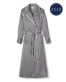 The Womens Silk Long Robe in Bengal Stripe by Petite Plume, from the Cabaret Collection, features a black and white print with a belted waist and buttoned front. Its highlighted with an Editors Pick badge with ELLE on a dark blue circular background in the top right corner.