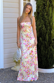 Blaise Bloom Satin Maxi Dress | Yellow