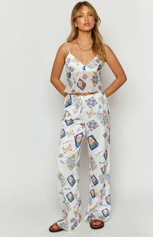 Bridget Satin Italia Print Pants | White