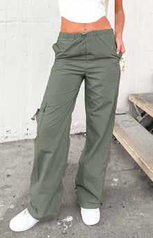 Beginning Boutique Bronx Khaki Drawcord Cargo Pants khaki elastic waist wide-leg cargo pants with side and cargo pockets and drawcord details