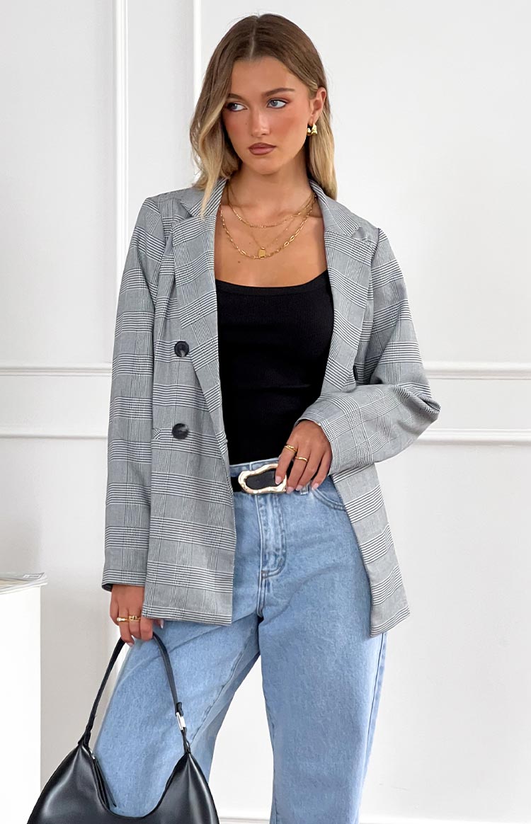 Grey and white check Brooklyn Times Blazer with notched lapels and double-breasted black buttons