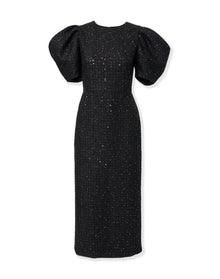 Puff Sleeve Crewneck Midi Dress | Black
