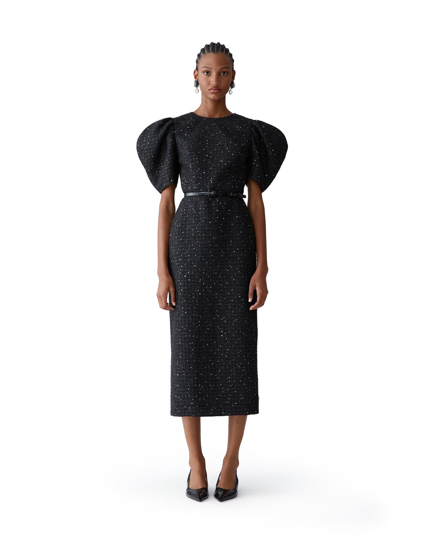 Puff Sleeve Crewneck Midi Dress | Black