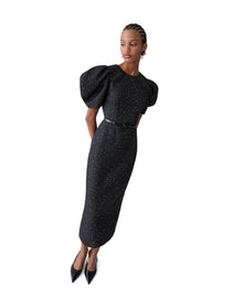 Puff Sleeve Crewneck Midi Dress | Black