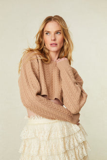 Crew Neck Cashmere Blend Sweater with long blouson sleeves and a cropped hem.