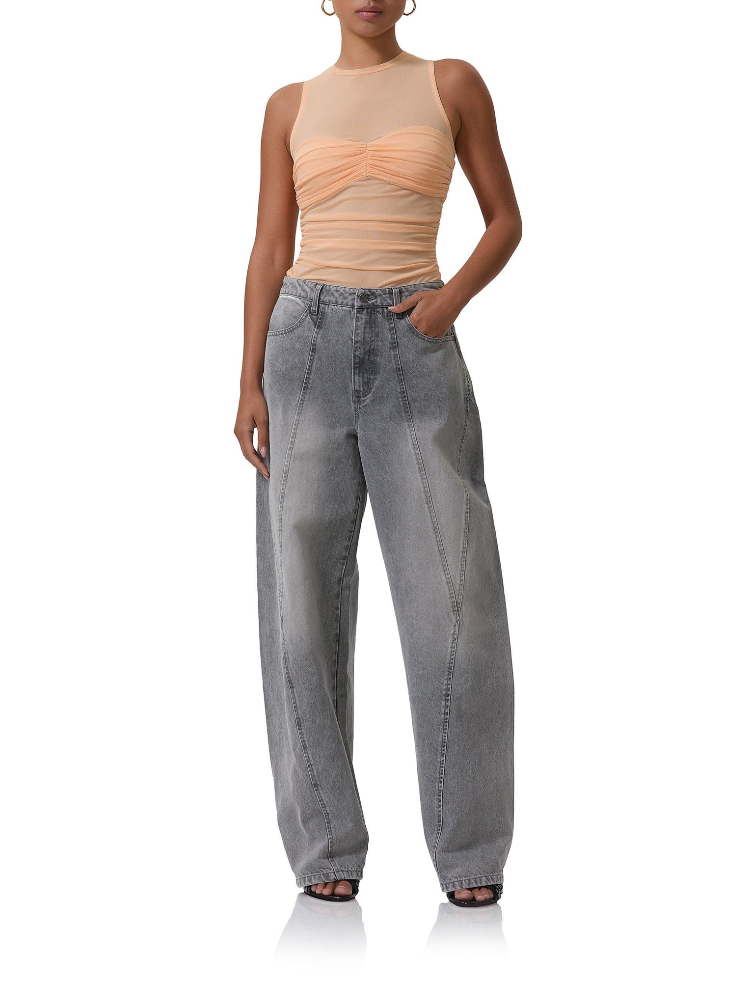 women's denim with a barrel shape in a smoke grey wash