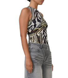 women's sleeveless top with illusion bandeau detail in zebra lime print