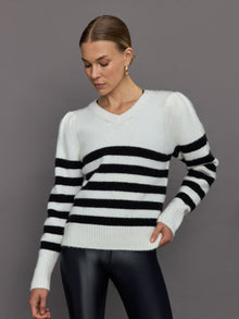 Carbon38 | Striped Puff Sleeve Sweater | Cream/ Black