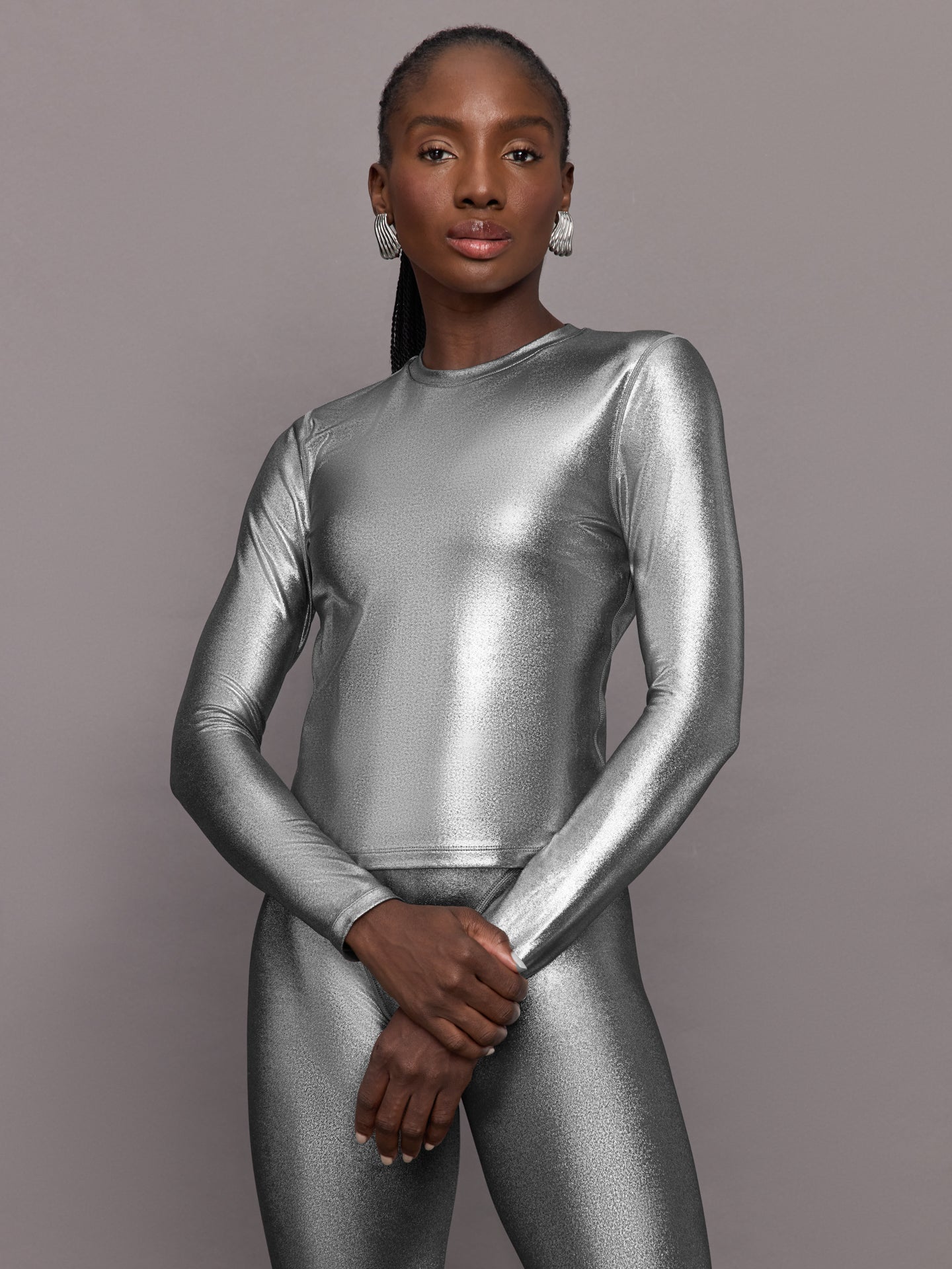Carbon38 | Liquid Metallic Long Sleeve Top | Metallic Silver