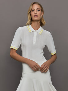 Short Sleeve Collared Tennis Top | White / Pastel Yellow