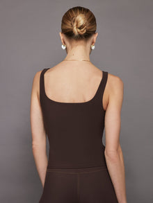 Back view of Melt wide scoop bra tank in Dark Oak showing wide straps.