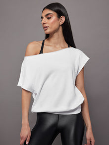 Carbon38 | Short Sleeve Off Shoulder Sweatshirt In French Terry | White