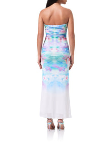 women's strapless tube shape dress in blur blossom print