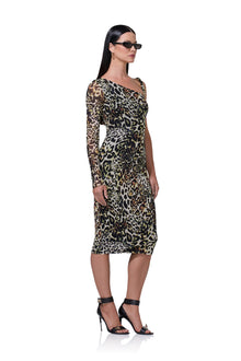 women's asymmetrical knee length dress with twisted strap on shoulder in fall animal print