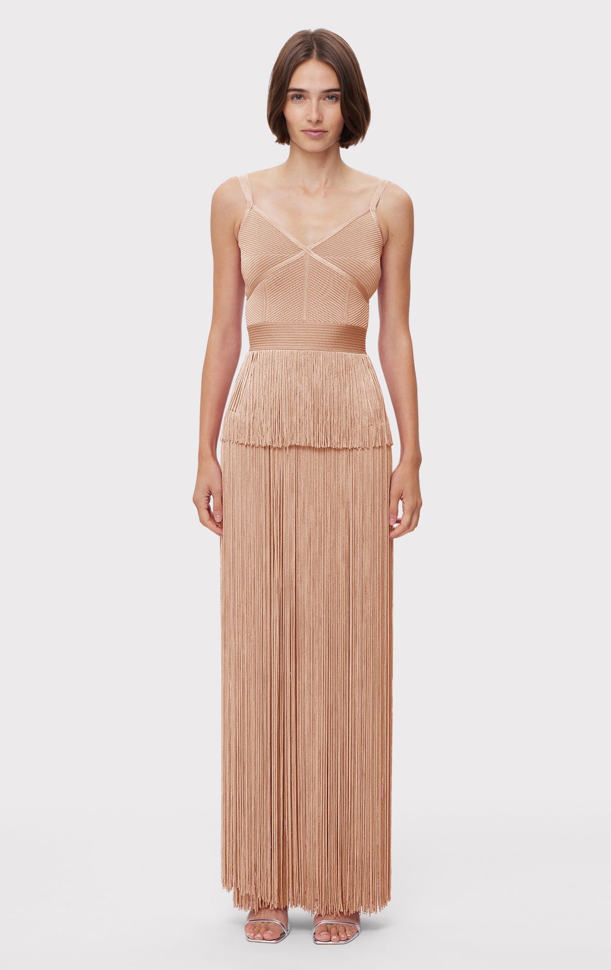 Icon Metallic Ottoman Fringe Gown | Metallic Rose Gold