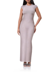 women's maxi length t-shirt shaped dress with capped sleeve in nude illusion print