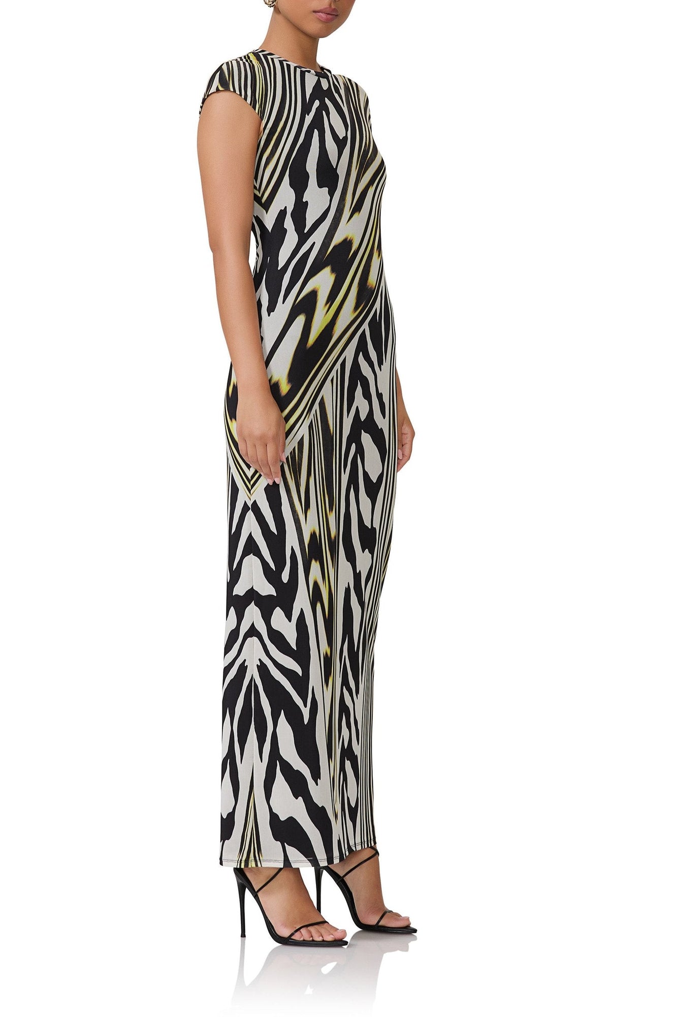 women's maxi length t-shirt shaped dress with capped sleeve in zebra lime print