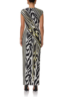 women's maxi length t-shirt shaped dress with capped sleeve in zebra lime print