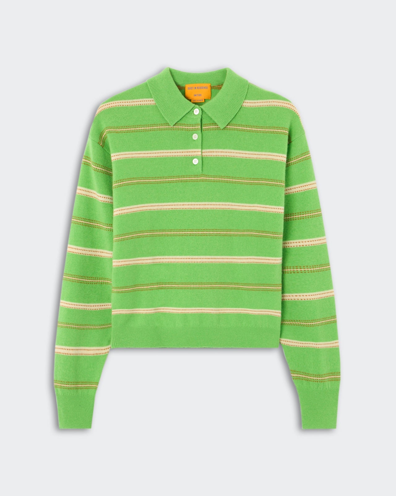 Collegiate Stripe Polo - Match Point Combo, a vibrant light green long-sleeve polo with cream and brown horizontal stripes, featuring a classic collar, button placket, and ribbed cuffs, displayed flat.